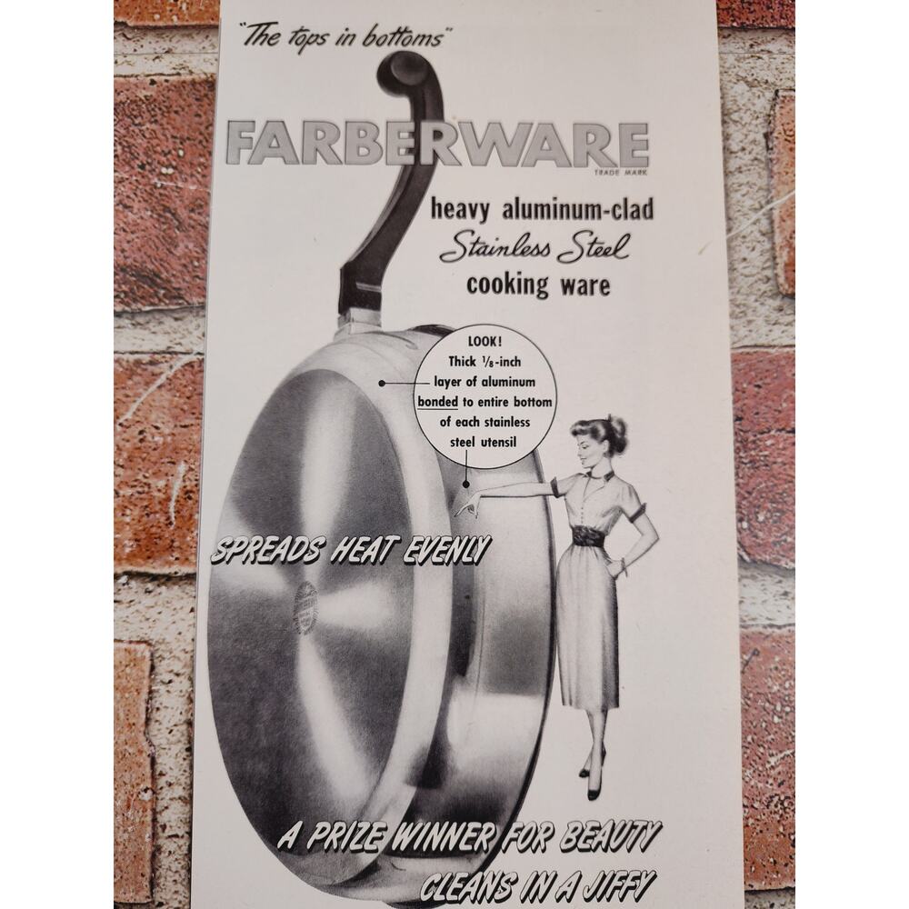 1950 Faberware Cookware "The‎ Tops in Bottoms" Happy Housewife Vtg Print Ad